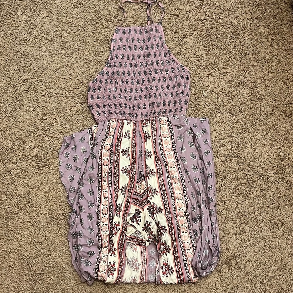 Purple printed romper with high low skirt